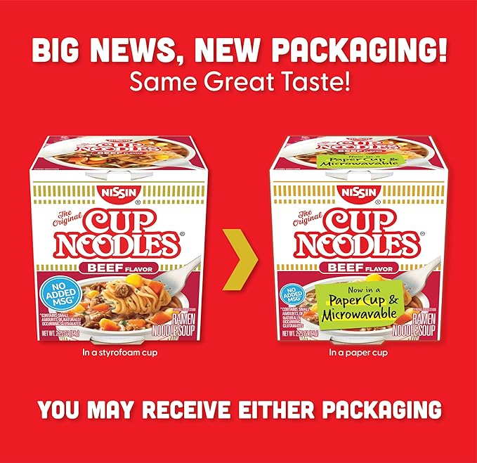 Nissin Cup Noodles Soup, Beef Flavor, Microwaveable Paper Cups, Instant Ramen, 2.25 Ounce (Pack of 12)