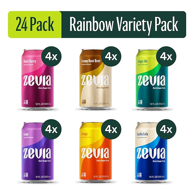 Zevia Zero Sugar Soda, Rainbow Variety Pack, 12 oz Cans (24-Pack) ??Naturally Sweetened, Non-GMO Project Verified, Gluten-Free, Vegan