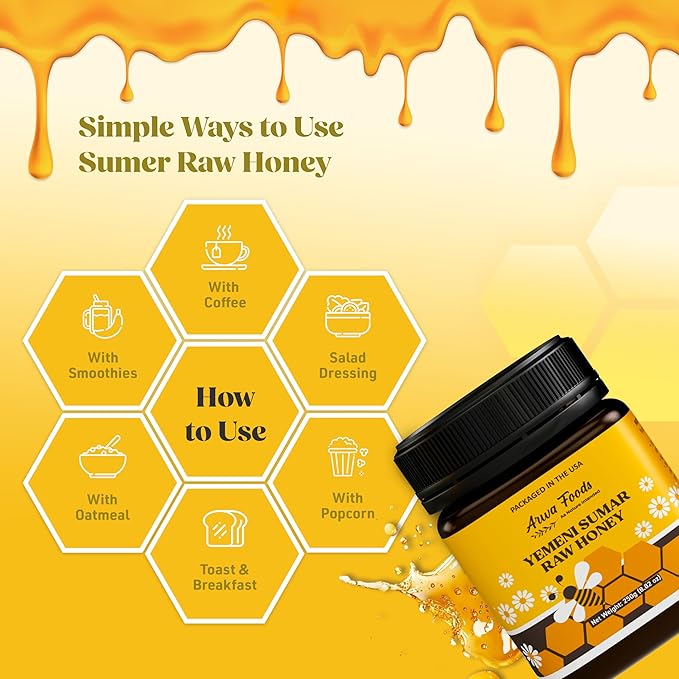 Arwa Foods Yemeni Al-Samar Raw Honey - Royal Yemeni Raw Organic honey from Wadi of Douan - 100% Unfiltered, Raw & Pure Honey for Men and Women - Sealed & Packaged in USA (8.82 oz)