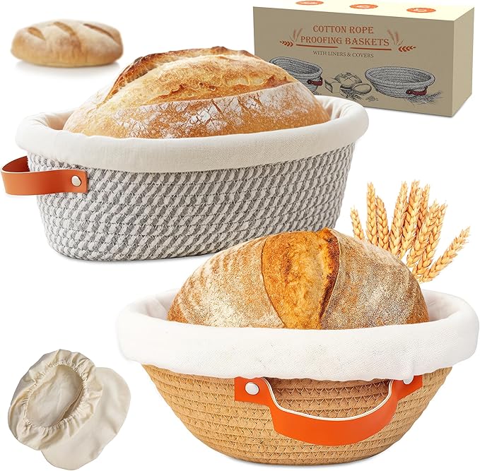 Banneton Bread Proofing Basket ??Oval & Round Handmade Cotton Rope Sourdough Proofing Basket with Liner & Cover (Perfect for Sourdough & Artisan Bread Set (1 Round 1 Oval)