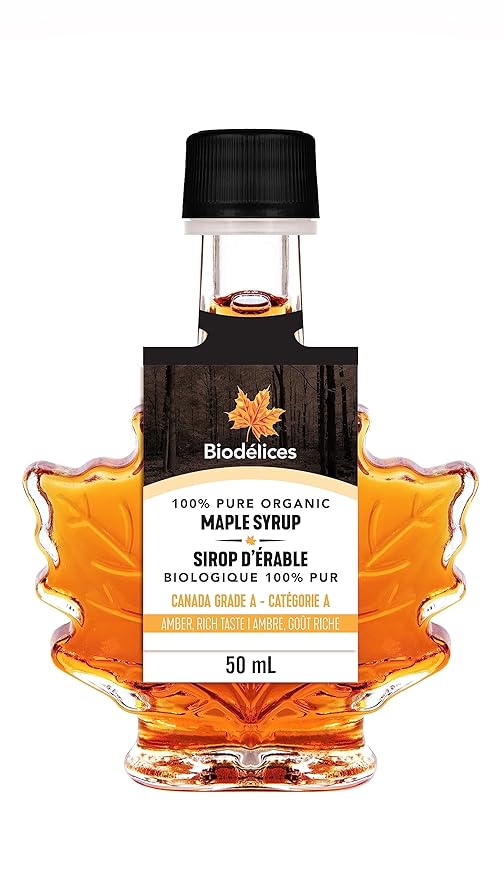 Biodélices 100% Pure Organic Maple Syrup - Premium Grade A - Quebec's Finest in Elegant Maple Leaf Bottle (1.69 Fl Oz (Pack of 1))