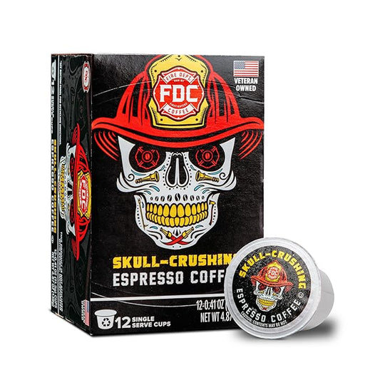 Fire Department Coffee - Gives Back to Firefighters - Skull Crushing Espresso Coffee Pods - Full-Bodied & Bold - Roasted in the USA - Premium Espresso K Cups - Veteran Owned - 12 Single Pods