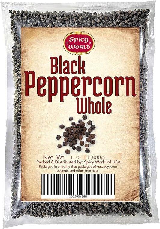 Spicy World Whole Black Peppercorns 1.75 Pound Bag - Steam Sterilized- Non-GMO Black Pepper - Peppercorns for Grinder Refill