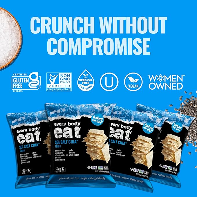 Every Body Eat Snack Thins, Gluten & Dairy Free, Vegan, School Safe Lunch Snacks, Sea Salt Chia (20 Single Serve Bags, 1.1oz)