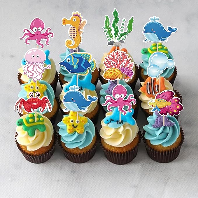 40 Pack Marine Animal Cupcake Toppers Glitter Starfish Hippocampus Seaweed Ocean Sea Animal Creature Marine Cupcake Picks Kids Birthday Baby Shower Summer Cake Decorations Style 1
