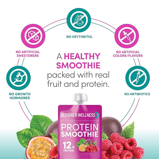 Designer Wellness Protein Smoothie, Real Fruit, 12g Protein, Low Carb, Zero Added Sugar, Gluten-Free, Non-GMO, No Artificial Colors or Flavors, Raspberry Passion Fruit, 24 Count