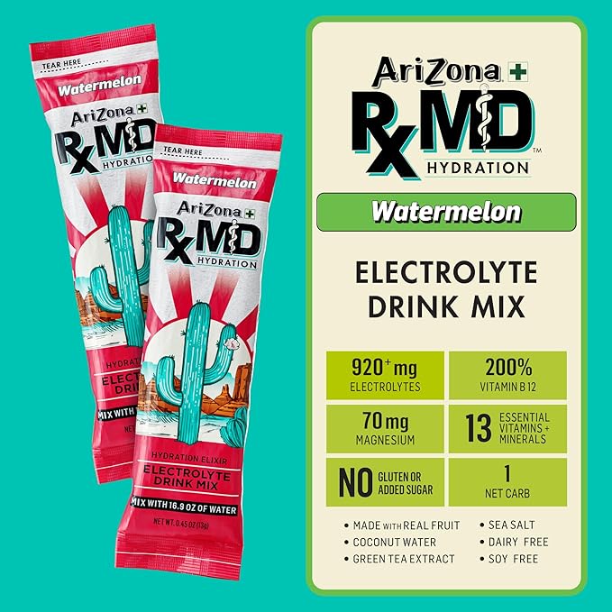 Arizona Rx MD Hydration Watermelon - Drink Mix - 920mg of Electrolytes - 0.45 oz Powder Sticks (Pack of 6)