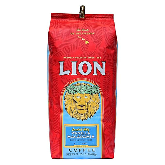 Lion Coffee Vanilla Macadamia Flavored Ground Coffee, Light Roast, Hawaiian Inspired Taste - 24 Ounce Bag