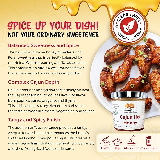 Bee Great Cajun Hot Honey – Sweet & Spicy Honey Infused with Cajun Peppers – Perfect for Pizza, Chicken & BBQ (8 oz)