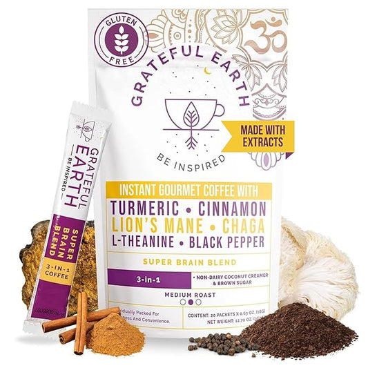 Grateful Earth Mushroom Coffee, Coconut Instant Coffee with Lion’s Mane Mushrooms, Chaga, Turmeric, L-Theanine, Cinnamon, Super Brain Blend For Energy & Immune Support, Dairy & Gluten Free, 20 Packets