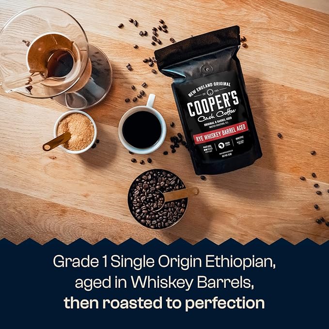 Rye Whiskey Barrel Aged Coffee, Single-Origin Ethiopian Beans Aged in Rye Whiskey Barrels, Medium Light Roast Whole Bean, 12 oz