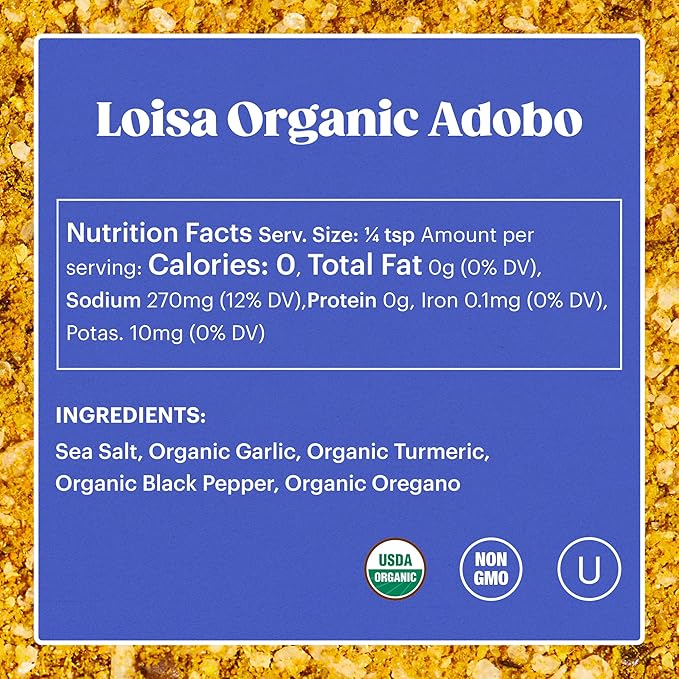 Loisa Adobo Seasoning, USDA Organic, Non-GMO, No-MSG, No Preservatives, No Artificial Coloring, No Artificial Flavors, 2.9oz, Pack of 1 (Adobo)