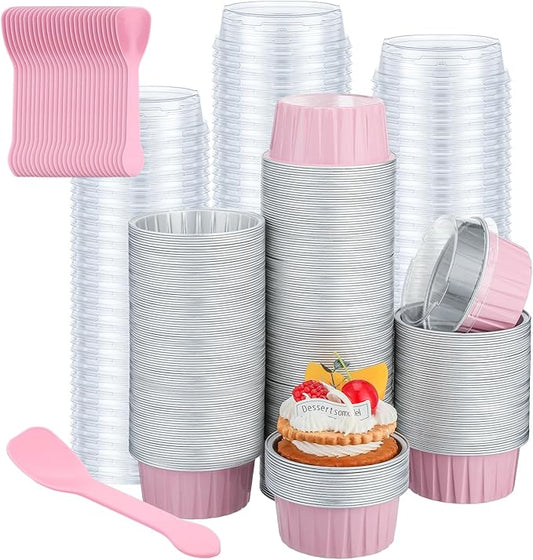 Hushee 600 Pcs Aluminum Foil Baking Cups with Lids and Spoons 5oz Disposable Ramekins Dessert Muffin Creme Brulee Cupcake Liners Containers for Wedding Birthday Christmas Party(Round,Pink)