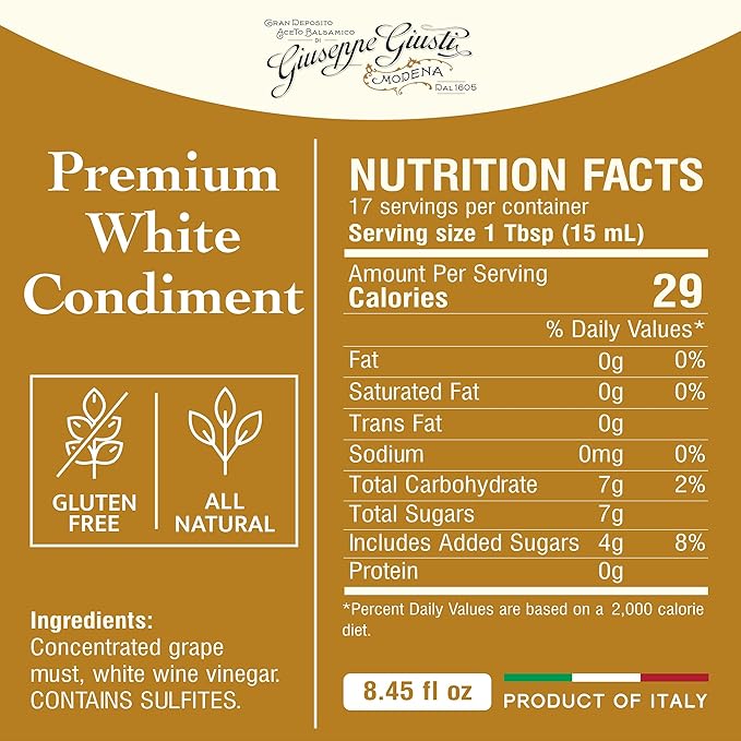 Giusti White Balsamic Vinegar Dressing – Condiment for Cooking and Finishing Dishes such as Salads, Vegetables, or Fish. Made in Italy with Balsamic Vinegar of Modena – 8.45 fl oz (250 ml) - Pack of 4