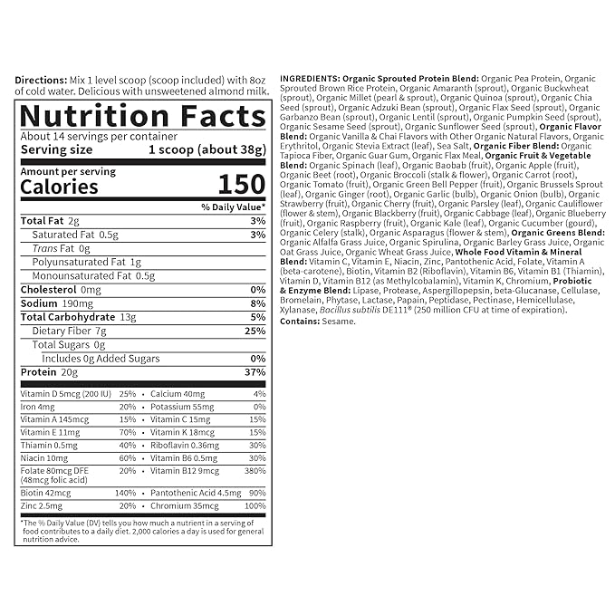 Garden of Life Meal Replacement Shakes, Raw Organic, Vanilla Chai Protein Powder with Plant Based Pea Protein, Sprouts, Greens, Probiotics, Dairy Free 14 Servings