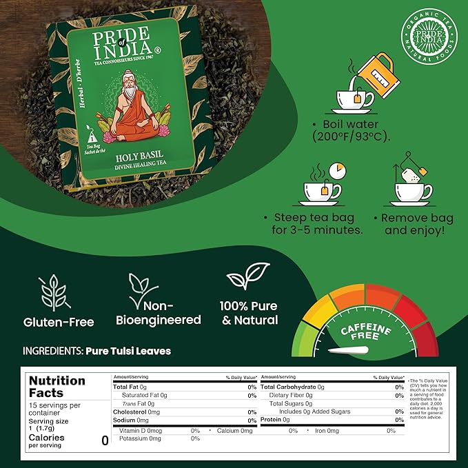 Pride Of India - Natural Holy Basil (Divine Healing Tea), PACK of 6-15 Tea Bags Per Box