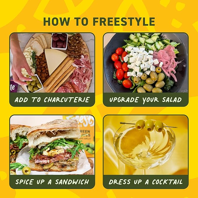 Freestyle Snacks Olive Snack Packs - Single Serve - Fresh Pitted Green Olives, Jumbo-Sized, Grown in Greece, All Natural, Non-GMO, Paleo, Sugar-Free, Keto, Salty Snack - Lemon Garlic, 1.1oz (6 Pack)