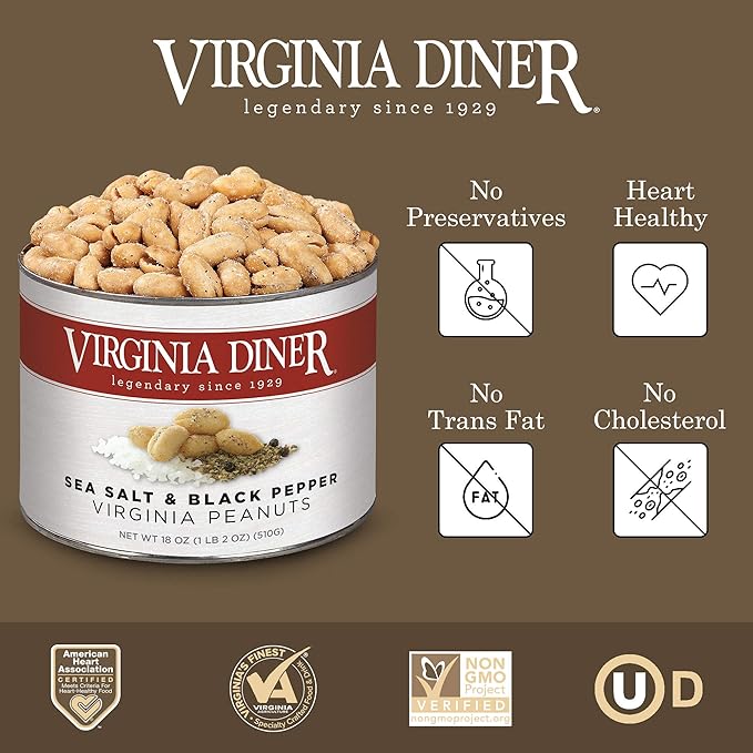 Virginia Diner Sea Salt & Pepper Blister Roasted All Natural Seasoned Virginia Peanuts, Gourmet Nuts in Vacuum Sealed Tin 18 oz (Pack of 1)