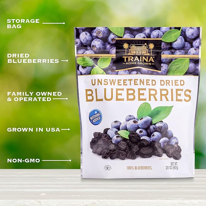 Traina Home Grown Unsweetened Dried Blueberries - Healthy & Non-GMO, Natural Sweet Flavor With No Sugar Added, Perfect Snack In Resealable Pouch (20 Oz)