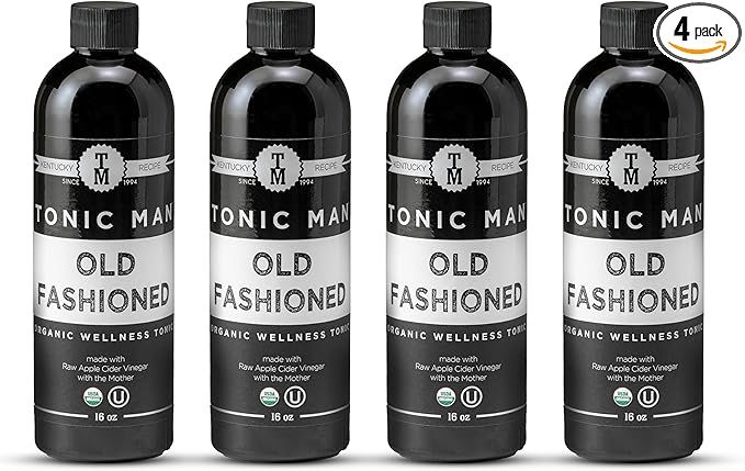 Tonic Man Old Fashioned Organic Wellness Tonic Made with Raw Apple Cider Vinegar Kosher Organic Apple & Grape Juices 12 Herbs & Spices Energize Body | Immunity Booster Non-GMO 16oz Bottle Pack of 4
