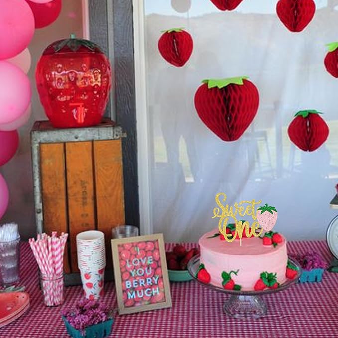 1 Pack Sweet One Cupcake Topper Glitter First Birthday Strawberry Cake Pick for Fruit Baby Shower 1st Birthday Berry Sweet Party Cake Decorations Supplies Gold 2