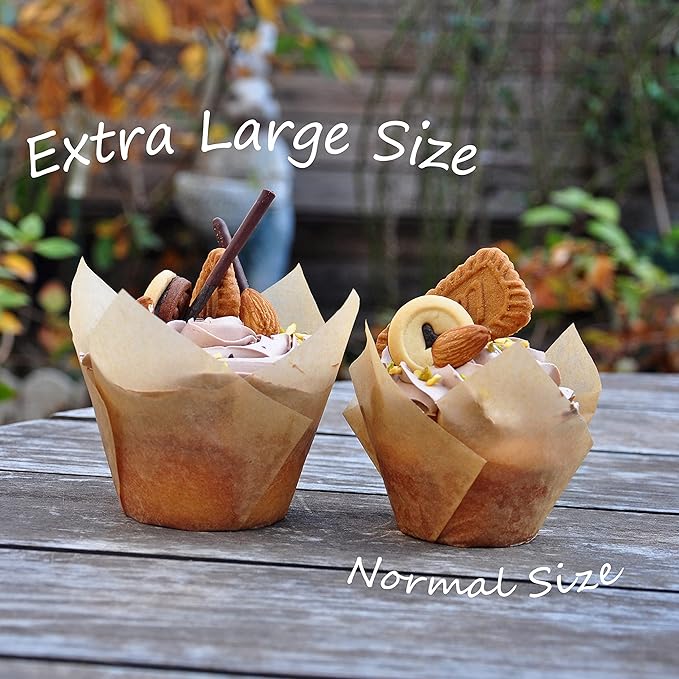Extra Large Jumbo Muffin Greaseproof paper Baking cupcake cups, 2-1/4" x 3-3/4" Natural Tulip Baking Cup Case of 125 pcs (Extra Large) (125)