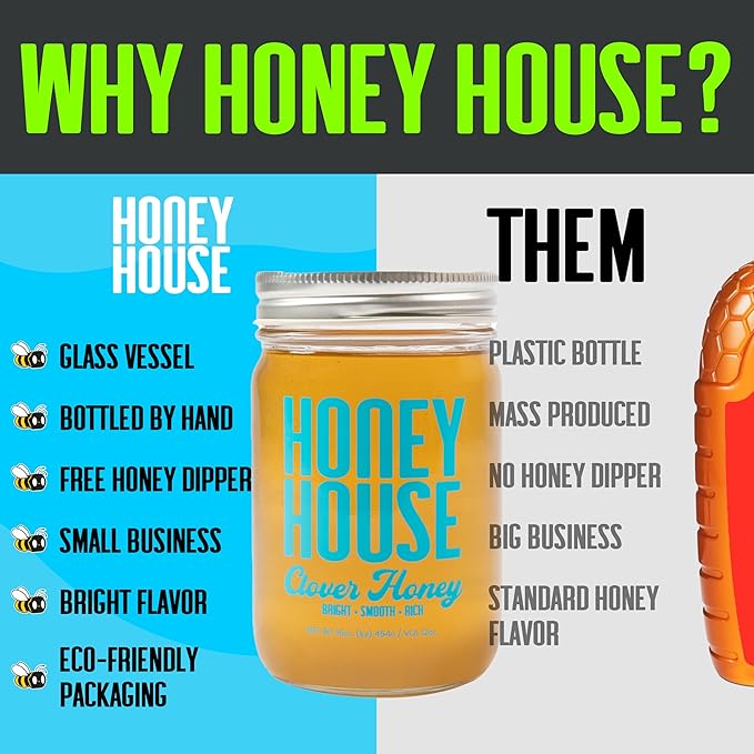 Honey House 100% Raw Clover – 100% Pure, Unfiltered & American-Sourced – Natural Sweetener in 12oz Glass Jar – No Additives, Non-GMO, Sourced only from American bee barmers (12 Fl Oz (Pack of 1), Clover Honey)