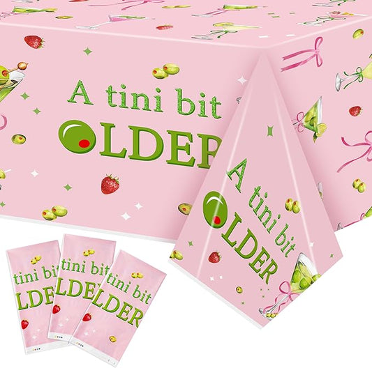 Pink Green Martini Party Tablecloths - 3Pcs A Tini Bit Older Birthday Table Covers, Martini Bow Themed Party Decoration Plastic Disposable Rectangular Table Cloth Decor for Birthday Bachelorette