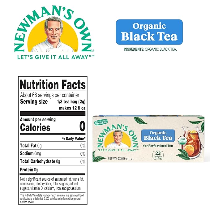 Newman's Own Organic Black Tea Boosts Immunity and Promotes Overall Wellbeing Strong Robust Unsweetened Black Tea with 22 Individually Wrapped Family Sized Tea Bags Per Box (Pack of 6) USDA Certified Contains Caffeine Brew Hot/Cold