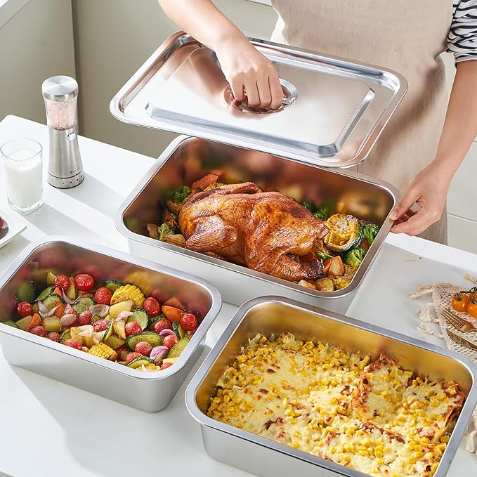 4-Piece 4 Inch Extra Deep Lasagna Pan with Lid, 11.8x15.7-Inch 9.2QT Large Stainless Steel Nonstick Lasagna Baking Roasting Dish Pan for Oven(L, 2 Pack)