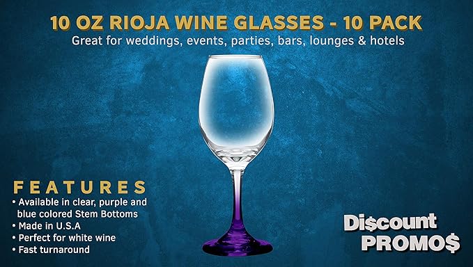 DISCOUNT PROMOS Rioja Wine Glasses with Stem 10 oz. Set of 10, Bulk Pack - Color Bottom, Perfect for Wedding, Party Favors, Birthday, Bridal Shower Gifts - Purple