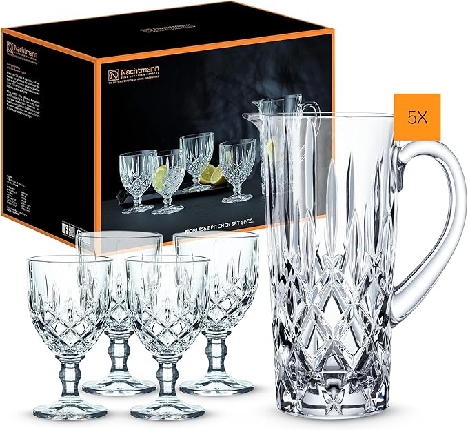 Nachtmann Noblesse Pitcher and Glasses Set | 5 Piece Set Includes 1 Pitcher and 4 All Purpose Glasses | Made of Clear Crystal Glass | Dishwasher Safe