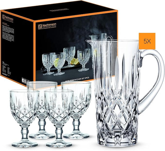 Nachtmann Noblesse Pitcher and Glasses Set | 5 Piece Set Includes 1 Pitcher and 4 All Purpose Glasses | Made of Clear Crystal Glass | Dishwasher Safe