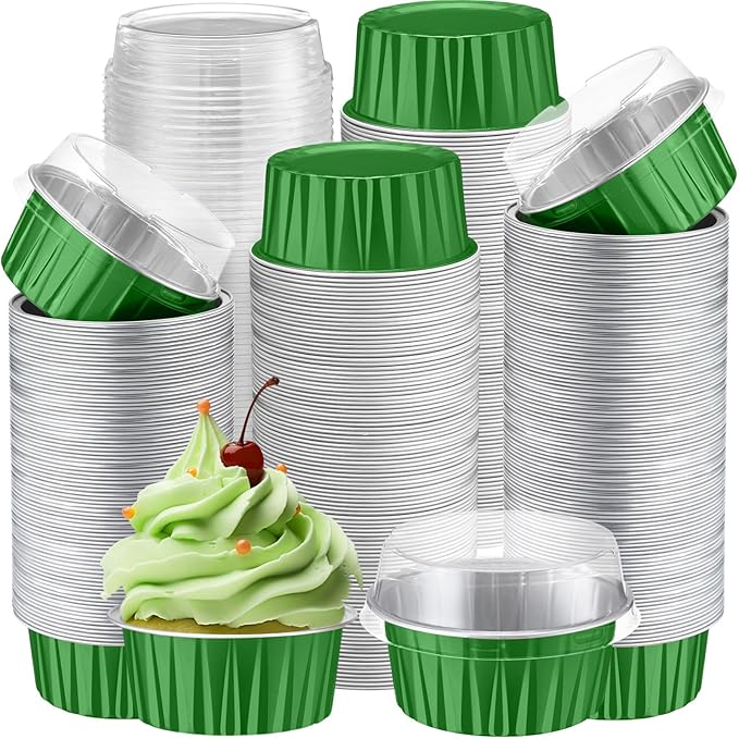 Gejoy 400 Pcs Aluminum Foil Baking Cups with Lids 5 oz Disposable Ramekins Mini Cake Pans Creme Brulee Cupcake Liners Muffin Tins Flan Mold Dessert Container for Wedding(Dark Green,Classic)