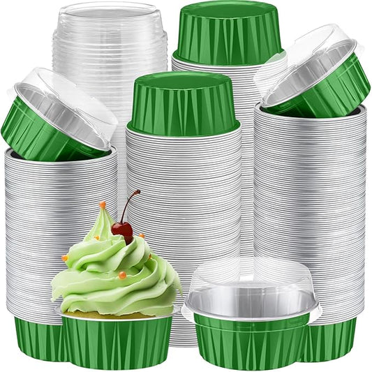 Gejoy 400 Pcs Aluminum Foil Baking Cups with Lids 5 oz Disposable Ramekins Mini Cake Pans Creme Brulee Cupcake Liners Muffin Tins Flan Mold Dessert Container for Wedding(Dark Green,Classic)