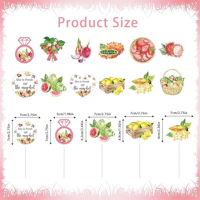 24Pcs Farmer Market Bridal Shower Cupcake Toppers, She is Fresh Off The Market Cupcake Decorations, Fruit Bridal Shower Party Supplies, Bachelorette Decor