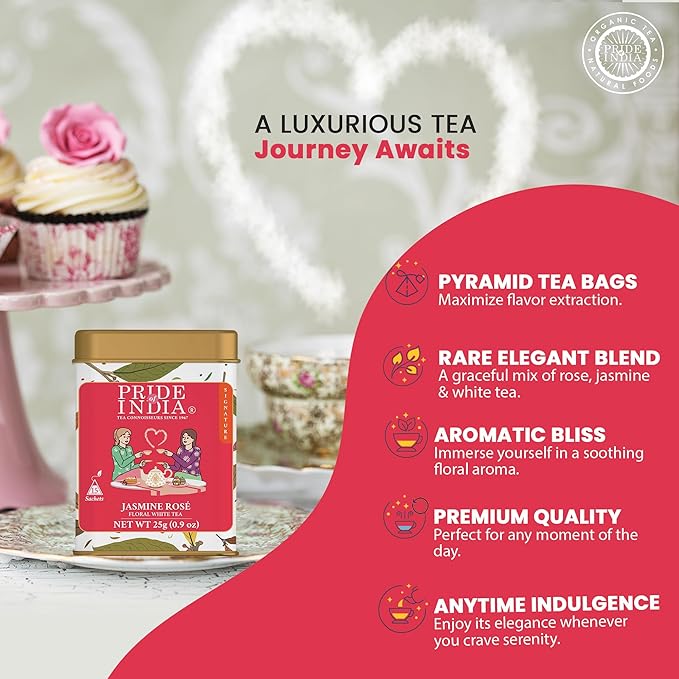 Pride of India | Jasmine Rose Royal White Tea | 15 Pyramid Full Leaf Individually Wrapped Tea Bags | Smooth & Sweet Flavor | Soothing & Calming Experience | Less Caffeine, Non-Bioengineered