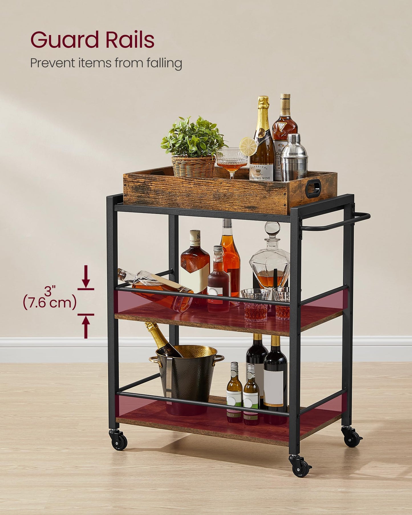 VASAGLE Kitchen Serving Cart with Removable Tray, 3-Tier Kitchen Utility Cart on Wheels with