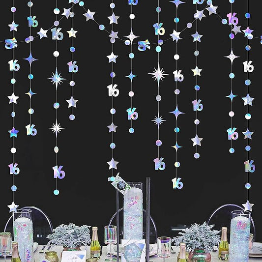 Iridescent Number 16 Circle Dot Twinkle Star Garland Kit Metallic Hanging Streamer Bunting Banner Backdrop Decorations for Girls 16th Birthday Sweet Sixteen Wedding Anniversary Bridal Shower Party
