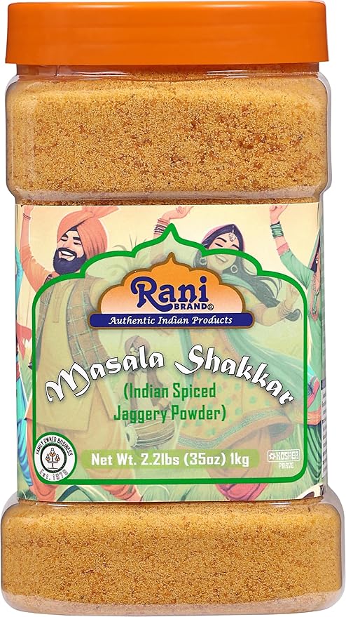 Rani Masala Shakkar (Indian Spiced Jaggery Powder) Unrefined Raw Cane Sugar 35oz (2.2lbs) 1kg PET Jar ~ Gluten Friendly | Vegan | NON-GMO | Kosher | No Salt or fillers | Indian Product