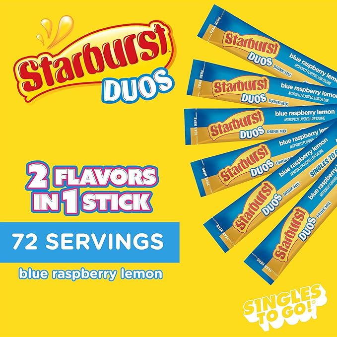 Starburst Duos Singles To Go Powdered Drink Mix, Blue Raspberry Lemon, 12 Boxes with 6 Packets Each - 72 Total Servings, Sugar-Free Drink Powder, Just Add Water, 6 Count (Pack of 12)