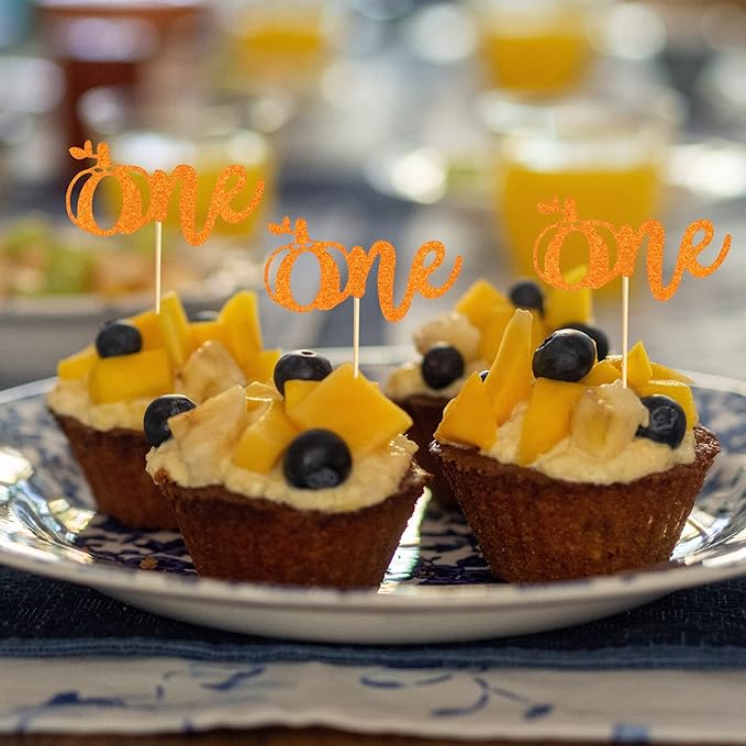 24pcs Pumpkin One Cupcake Toppers Fall First Birthday Cake Decorations, Orange Glitter Little Pumpkin Decorations, Pumpkin 1st Birthday Cupcake Picks Baby Shower