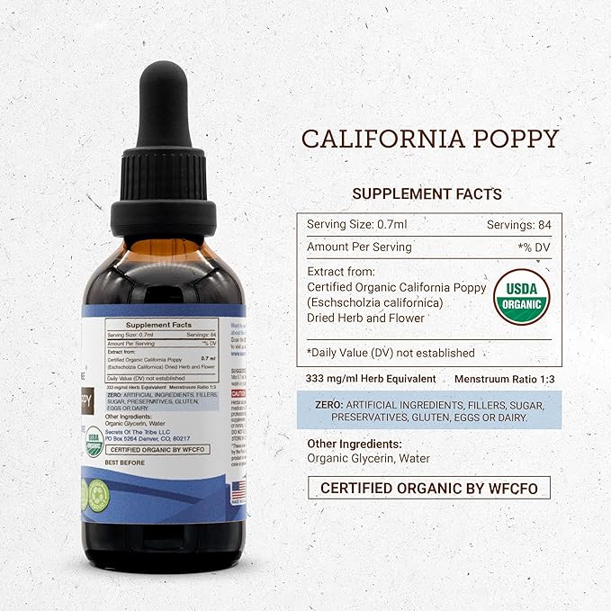 Secrets of the Tribe California Poppy Tincture Alcohol-Free Liquid Extract, USDA Organic California Poppy (Eschscholzia Californica) Dried Root (2 FL OZ)