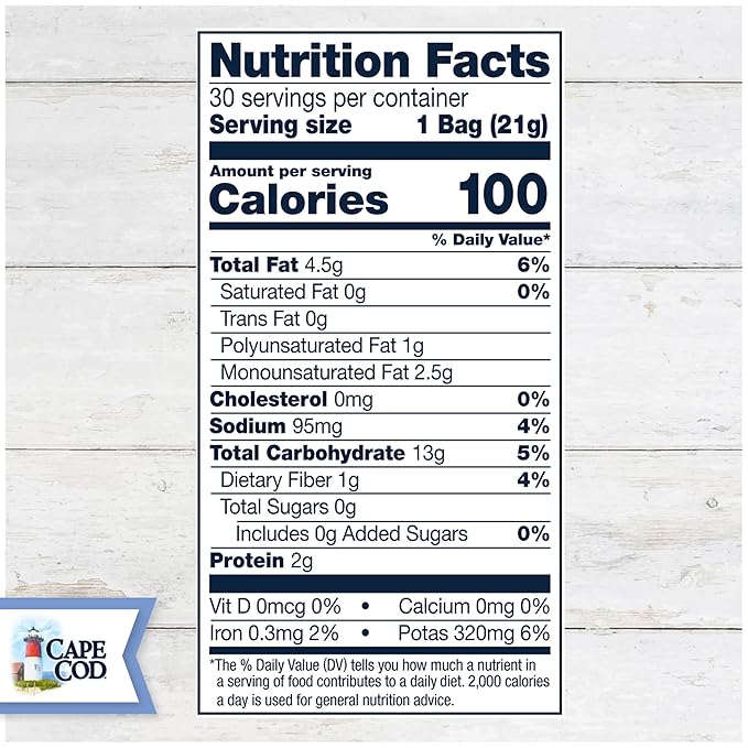Cape Cod Potato Chips, Original Less Fat Kettle Cooked Chips, Snack Bags, Reduced Fat Original, 0.75 Oz (30 Count)