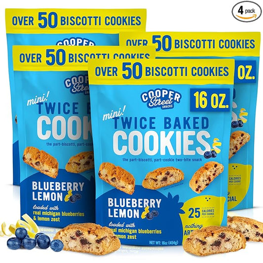 Cooper Street Twice-Baked Blueberry Lemon Biscotti Cookies (16 oz Pack of 4) ??Over 50 Biscotti per Bag Loaded with Real Fruit, Traditional Italian Style Snacks - Dairy, Peanut & Soy Free, Kosher