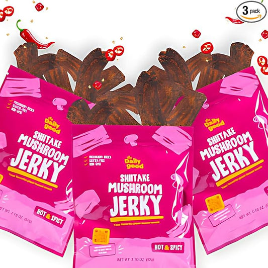 The Daily Good Mushroom Jerky - 3-Pack Snacks, Yummy High-Fiber Mushroom Snack, Meatless & Gluten-Free Food, Contains Eggs, Made from Shiitake Stalk, 0.58 lbs., Vegetarian, Hot & Spicy Flavor