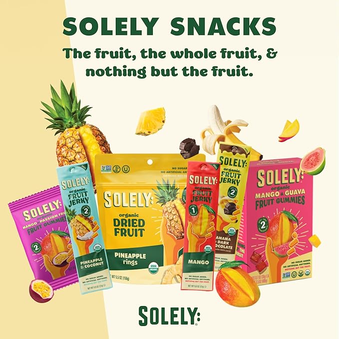 SOLELY - Organic Mango Blueberry Fruit Jerky - 12 Individually Wrapped Strips - Fruit Leather Made from Dried Fruit - Healthy Snacks for Adults & Kids - Non GMO, Vegan Snacks - 0.8oz (23g)