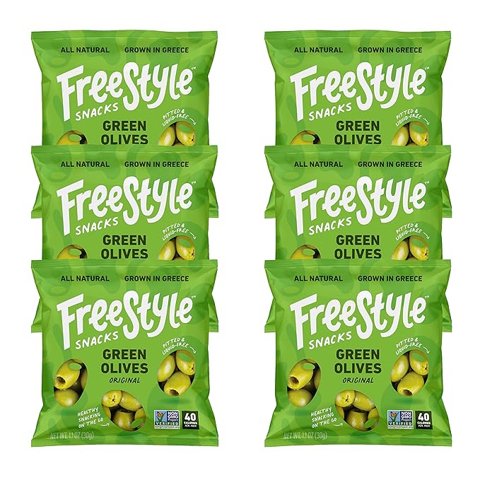 Freestyle Snacks Olive Snack Packs - Single Serve - Fresh Pitted Green Olives, Jumbo-Sized, Grown in Greece, All Natural, Non-GMO, Paleo, Sugar-Free, Keto, Salty Snack - Original, 1.1oz (6 Pack)