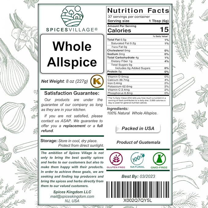 SPICES VILLAGE Allspice Berries Whole, Pimento Seeds, Natural Allspice for Cooking, Pickling Seasoning, 8 oz, Pimienta Dulce Malagueta, Kosher, Gluten Free, Non GMO, KETO Friendly, Resealable Bulk Bag