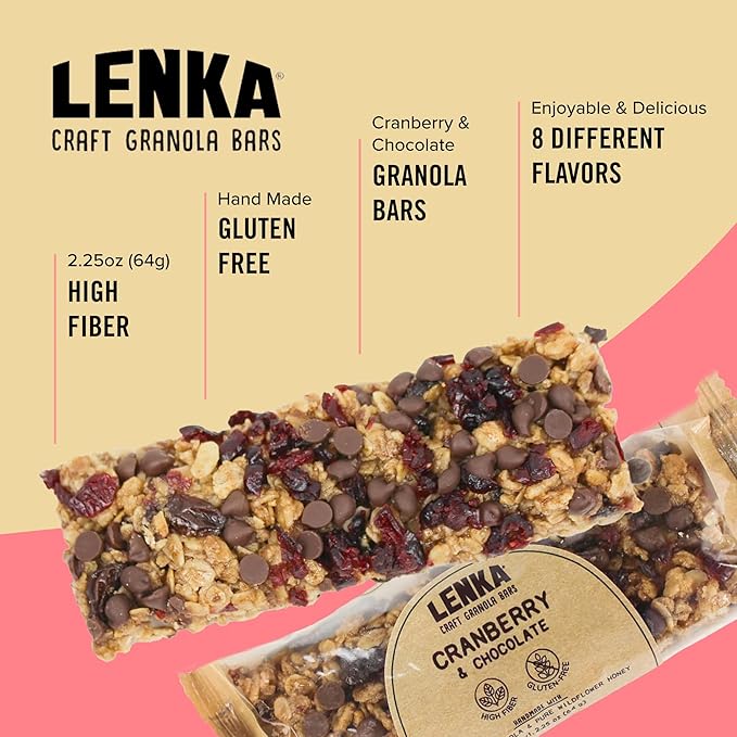 Lenka Bars - Cranberry Chocolate Snack Bars, Gluten Free, High Fiber, Kosher, Wholesome, No Artificial Flavors, Individually Wrapped - 12 Pack